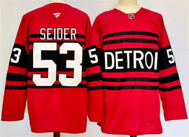 Men%27s Detroit Red Wings 53 Moritz Seider Red 2024-25 Reverse Retro Stitched Jersey